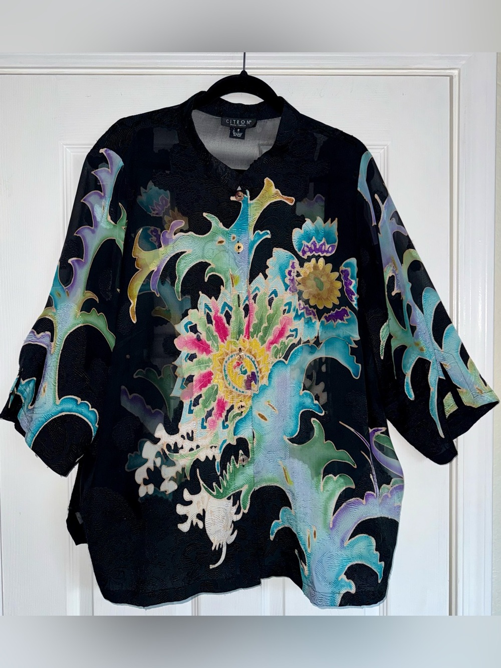 CITRON Santa Monica 100% Silk Mandarin Collar Print Button Up Blouse Tunic 2 X